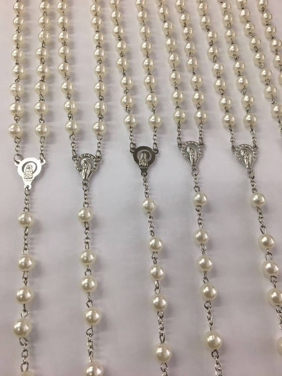 12/20/30/100 x Wholesale Bulk Rosary Long Faux Pearl Rosary Chain with gift bag for Baptism, Wedding, Religious Favor,  Baptism Favor
