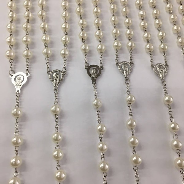 12/20/30/100 x Wholesale Bulk Rosary Long Faux Pearl Rosary Chain with gift bag for Baptism, Wedding, Religious Favor,  Baptism Favor