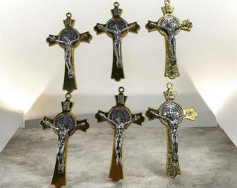 Set of Rosary Making Supplies Silver Alloy Enamel Saint Benedict gold Cross Charms Pendant for Diy Prayer Catholic Jewelry 3 inches