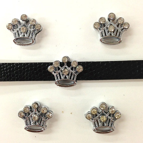 Set of 10pc Silver Rhinestone Crown Slide Charm Fits 8mm Wristband for Jewelry / Crafting