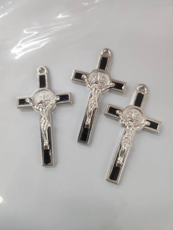 Set of 3-6-12 Rosary Making Supplies Silver Alloy Enamel Saint Benedict Cross Charms Pendant for Diy Prayer Necklace Catholic Jewelry inches