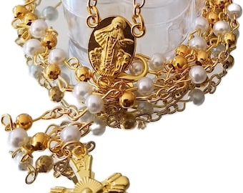 12 x Wholesale Bulk White & Gold /silver/pink/blue/purple Faux Pearl Lady of Medjugorje Rosaries for Baptism, Wedding, Memorial,