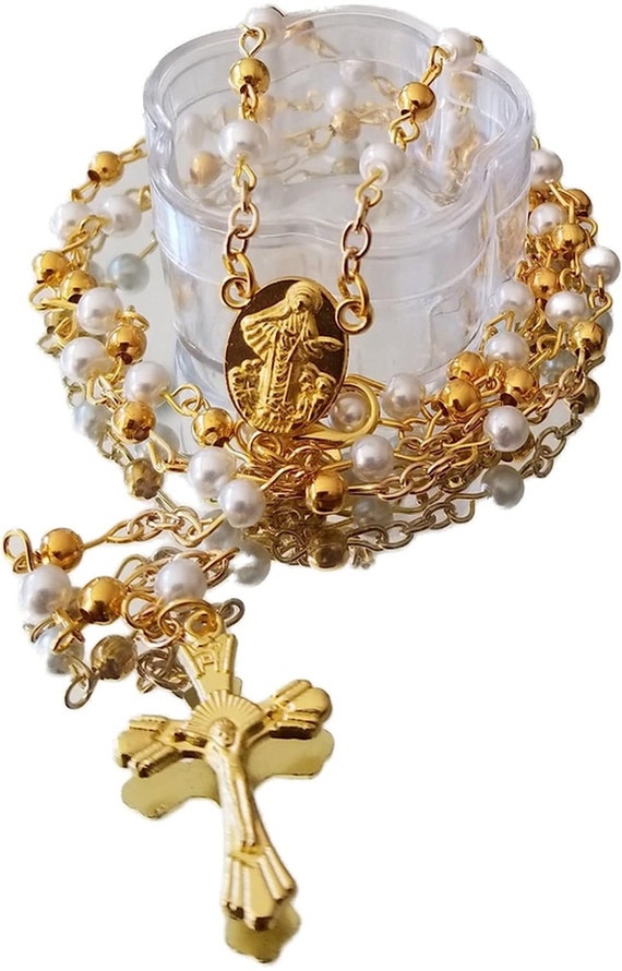 12 x Wholesale Bulk White & Gold /silver/pink/blue/purple Faux Pearl Lady of Medjugorje Rosaries for Baptism, Wedding, Memorial,