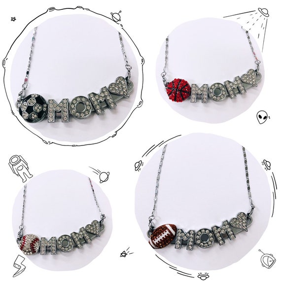 Rhinestone football baseball basketball softball volleyball soccer cheerleader mom necklace/ sports mom jewelry / bling necklace