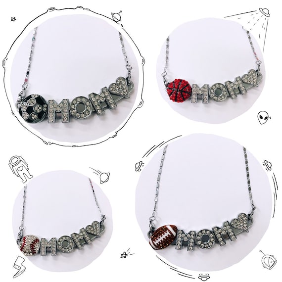 Rhinestone football baseball basketball softball volleyball soccer cheerleader mom necklace/ sports mom jewelry / bling necklace