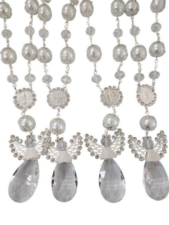 Set of 6 Pc Baptism Favors with crystal Angels Mini Rosaries lady of Guadalupe /saint jude/ saint benedict /saint Michael rosary