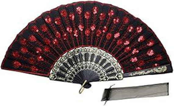 Black red sequin dance  rainbow Summer Folding Fan w/ Gift Bag for Wedding Party Decor / Outdoor wedding, Beach wedding, Wedding Favor,