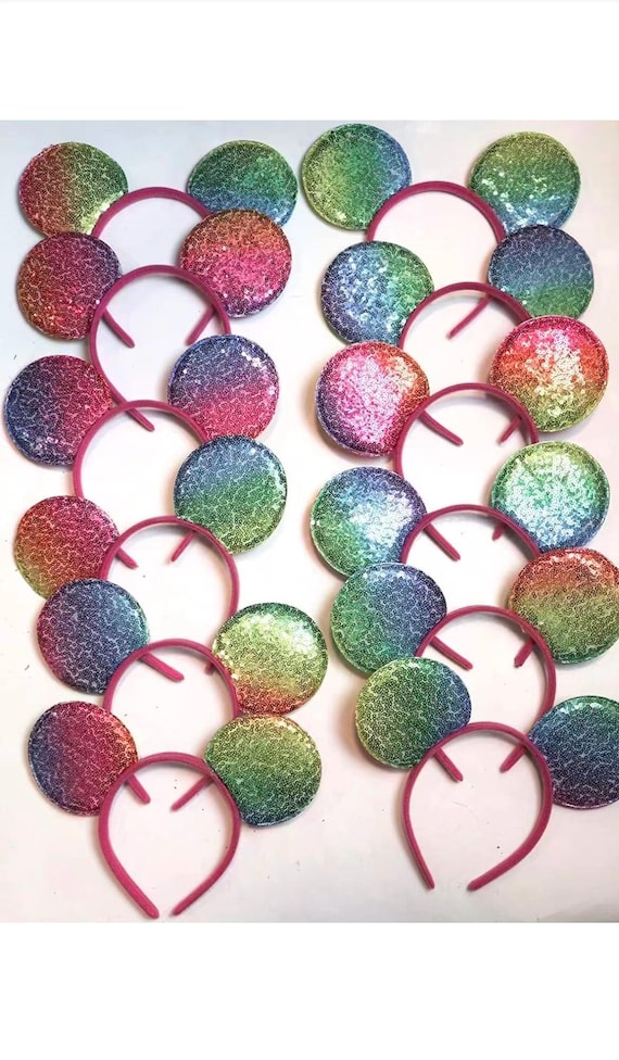 Set of 6 /12/24 Wholesale bulk Light rainbow Mickey Mouse Ears black blue Sequin Headband Birthday Party /cheerleader school Mickey ears