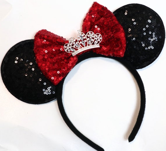 Tiara Red Disneyland Ears, Princess Minnie Ears, Christmas Ears, Red Sequin Bow, Rose Gold Minnie Ears, Bachelorette Party Mouse Ears