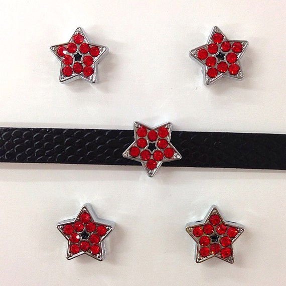 Set of 10pc Red Rhinestone Star Slide Charm Fits 8mm Wristband for Jewelry / Crafting