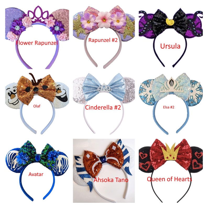 May include: Nine pairs of character-themed mouse ears with headbands. The ears are decorated with various characters, including Rapunzel, Ursula, Olaf, Cinderella, Elsa, Avatar, Ahsoka Tano, and the Queen of Hearts.