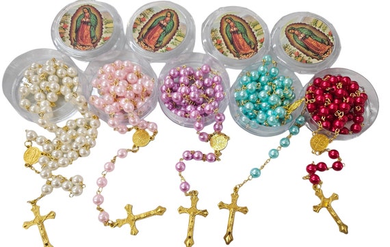 12 x Wholesale Bulk lady of Guadalupe Rosary Long Faux Pearl Rosary /keychain/ hand fans/ gifts for Baptism, Wedding, party favor church gif