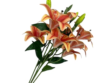 Artificial pink lily Flower Silk 8 Flower Heads Rose Bunch for Wedding  Artificial orange   Flowers  5.5” fabric Flowers Fake Brid
