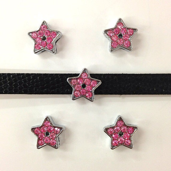 Set of 10pc Pink Rhinestone Star Slide Charm - Fits 8mm Wristband for Jewelry / Crafting