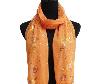 Orange Sequin Wedding Scarf Shawl / Mother's Day Gift / Evening Prom Accessories / Sequin Glitter Beaded Shawl Scarf Veil Formal