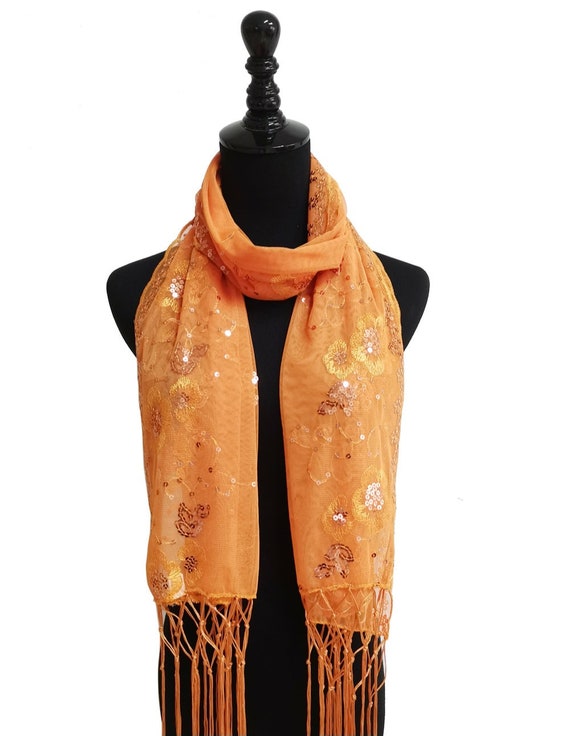Orange Sequin Wedding Scarf Shawl / Mother's Day Gift / Evening Prom Accessories / Sequin Glitter Beaded Shawl Scarf Veil Formal