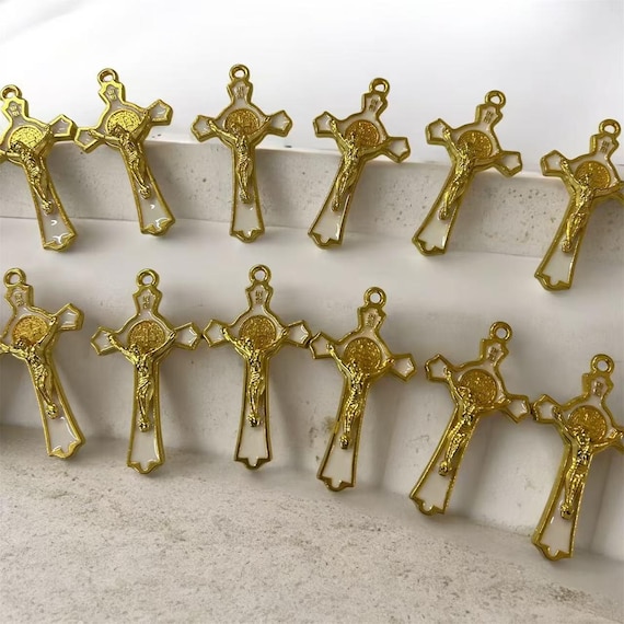 Set 12 white gold Rosary Making Supplies Silver Alloy Enamel Saint Benedict Cross Charms Pendant for Diy Prayer Necklace Catholic 2 inches