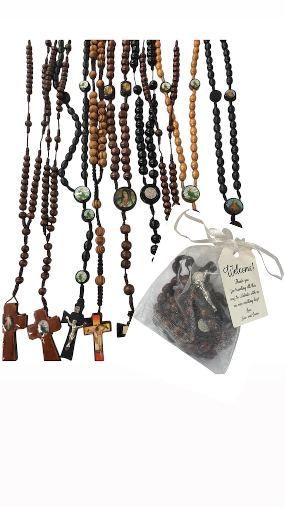 12 x mixed wood wholesale Wooden rosary with gift bags necklace for baptism , memorial religious favor, Mystery Grab Bag, Clearance Rosaries