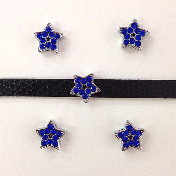 Set of 10pc Dark Blue Rhinestone Star Slide Charm - Fits 8mm Wristband for Jewelry / Crafting