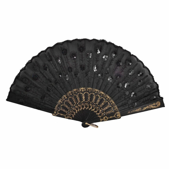 Set of 12 x Black sequin Summer Folding Fan w/ Gift Bag for Wedding Party Decor / Outdoor wedding, Beach wedding, great gatsby theme
