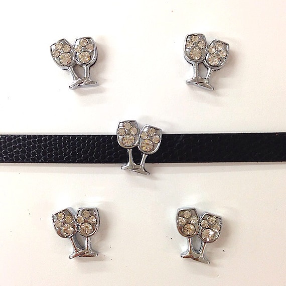 Set of 10pc Silver Rhinestone Pair of Wine Glasses Slide Charm Fits 8mm Wristband for Jewelry / Crafting