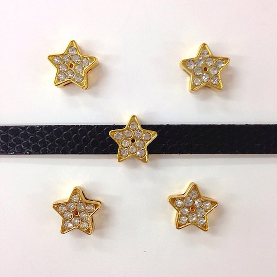 Set of 10pc Gold Rhinestone Star Slide Charm Fits 8mm Wristband for Jewelry / Crafting