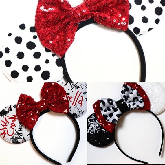 polka dot red Minnie Ears /  Dalmatian Ears / black white fur Mouse Ears / Headband / 101 Dalmatian Ears / cosplay villain headband