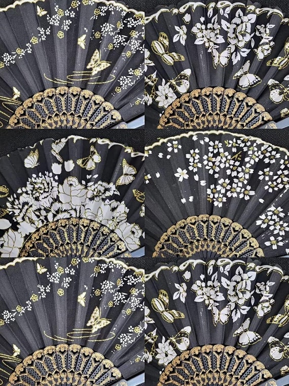 Set of 6/12/50/75/100 black gold Summer sequin Glitter Folding Fan w/ Gift Bag and tag for Funeral Ceremony,  Memorial Service,