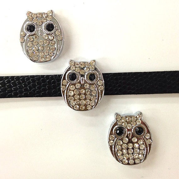 Set of 6pc Silver Rhinestone Owls (17mm x 15mm ) Slide Charm Fits 8mm Wristband for Jewelry / Crafting