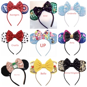 May include: Nine pairs of colorful mouse ears with bows and various character designs, including Avengers, Ariel, Cinderella, Cruella, UP, Anna, Baby Yoda, Belle, and Animal Kingdom. Each pair is attached to a black headband.