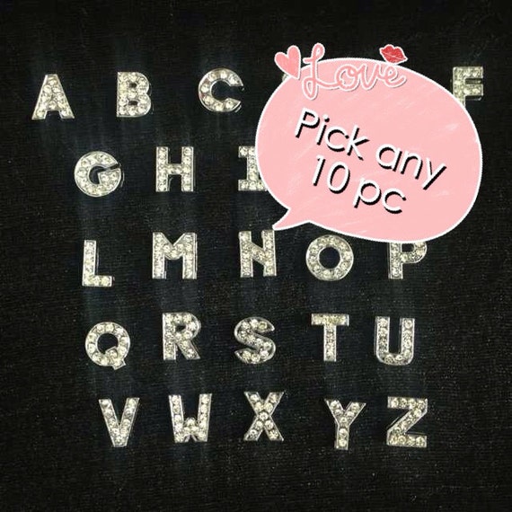 Choose Any 10/20/50/100  Silver Rhinestone slide Letters  A-Z Alphabet English Letters or Pick Your Own Letter Charms Fits 8mm Wristbands