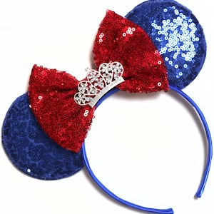 Oreilles de Minnie Blanche-Neige, Oreilles de Mickey d’Amérique, Oreilles de Princesse Blanche-Neige, Oreilles de Tiara Minnie, Oreilles du 4 juillet Disney / Bleu Blanc Rouge
