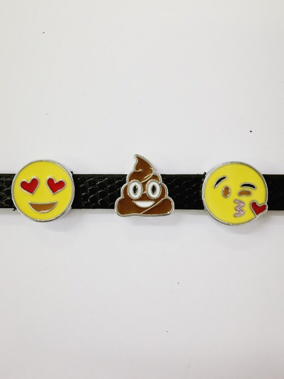 Set of 10pc Funny Emoji Smiley / Poop / Kiss Slide Charm Fits 8mm Wristband for Jewelry / Crafting
