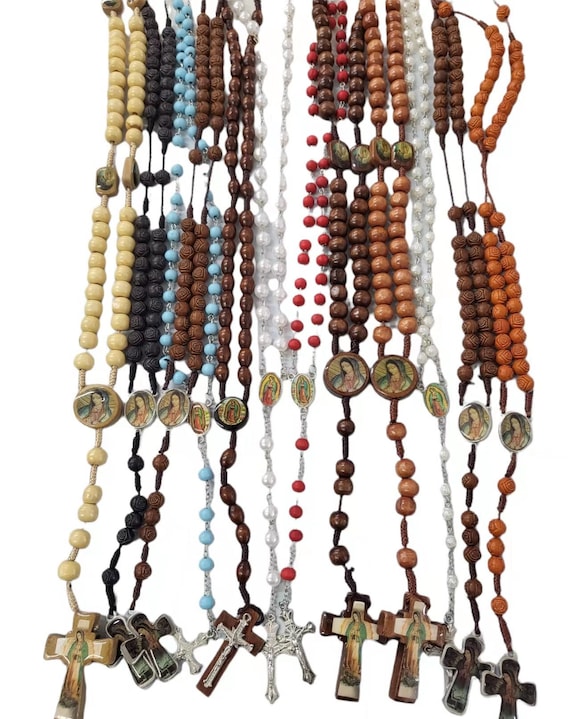 12 x Wholesale Mixed Lady of Guadalupe Wooden Plastics Rosary Necklace for Baptism, Wedding, Memorial Religious Favor With gift bag