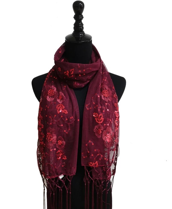 Burgundy Sequin Wedding Scarf Shawl / Mother's Day Gift / Evening Prom Accessories / Sequin Glitter Beaded Shawl Scarf Veil Formal