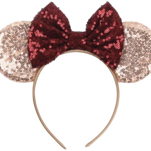 Orejas de Minnie color burdeos y granate, orejas de Minnie color oro rosa, orejas de Minnie con lentejuelas, orejas de Mickey para la escuela de animadoras, orejas de Minnie Mouse, orejas de Disney