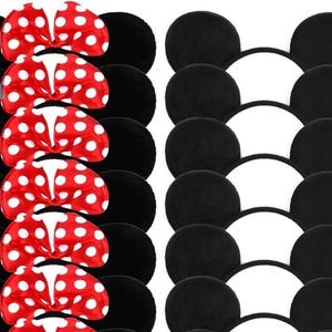 May include: Black mouse ear headbands with red and white polka dot bows. The ears are made of a soft, plush material. The bows are a bright red with white polka dots. The headbands are a classic accessory for themed events.