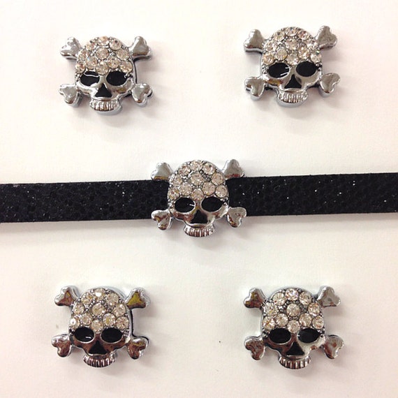 Set of 50pc Silver Rhinestone Skull Halloween sports phone decoration Slide Charm Fits 8mm Wristband for Jewelry / Crafting