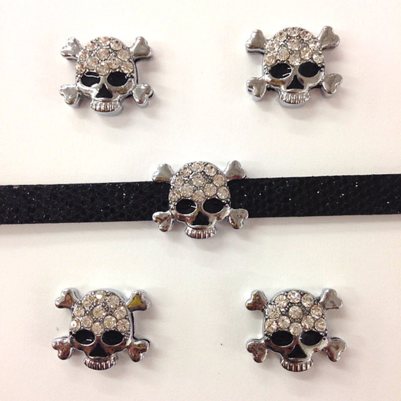 Set of 10pc Silver Rhinestone Skull Slide Charm Fits 8mm Wristband for ...