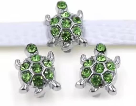 Set of 10pc Green Rhinestone Turtle Slide Charm Fits 8mm Wristband for Jewelry / Crafting