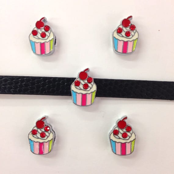 Set of 10pc Rhinestone Pink Cherry Cupcake Desert Slide Charm Fits 8mm Wristband for Jewelry / Crafting