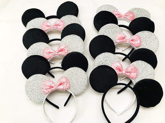 Set of 12  x silver pink Boys Girls Headband / Mouse Ears Headband / Birthday Party headband / one size fits all age / Mouse Ears Headband