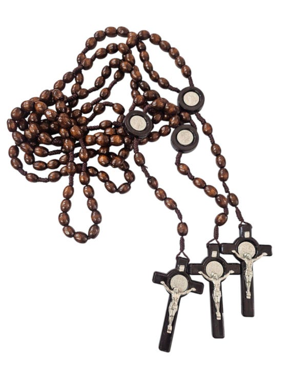 12 x Wholesale Bulk St Benedict Wooden Rosary Necklace/ keychain /gift party favor  for Baptism, Holy Medal, Patron Saint Rosary