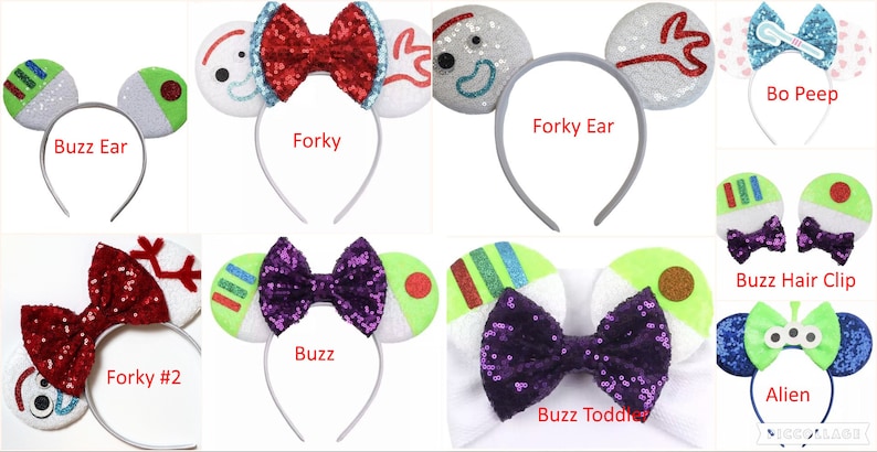 May include: A collection of Toy Story themed character headbands and hair clips. The headbands feature characters like Buzz Lightyear, Forky, and Bo Peep. The hair clips feature Buzz Lightyear and Alien.