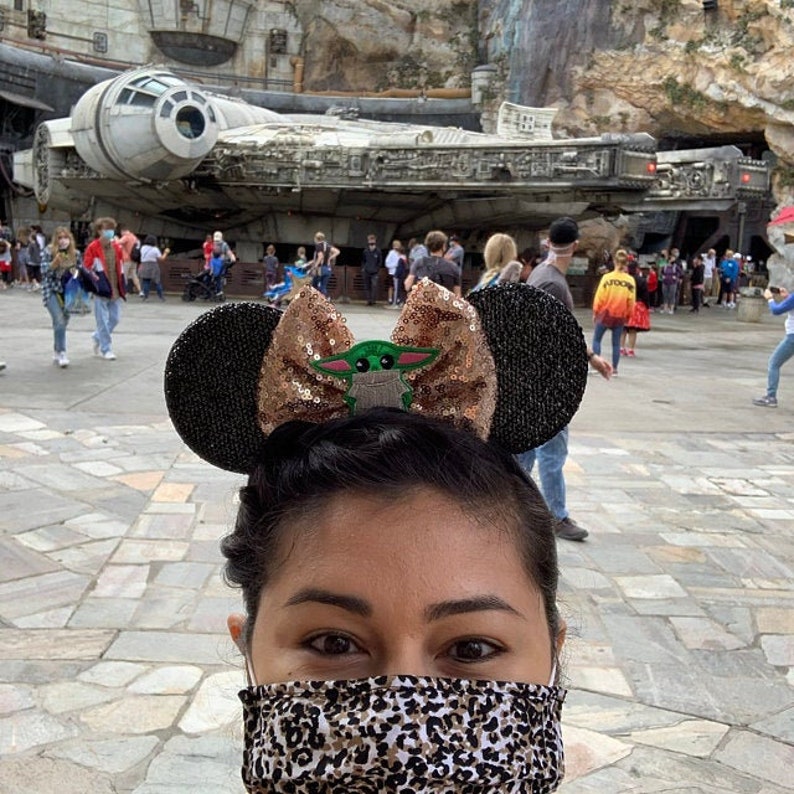 May include: A person wearing a leopard print face mask and black and gold mouse ears with a green character on the bow. The ears are worn over a brown braid. The person is standing in front of a large spaceship.