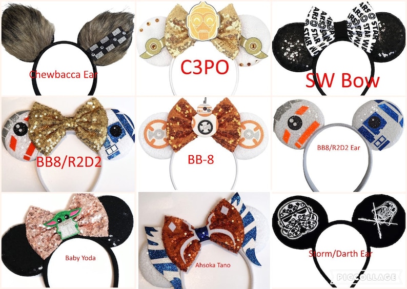 Pode incluir: Uma cole&ccedil;&atilde;o de nove tiaras com tema de Star Wars apresentando v&aacute;rios designs de personagens, incluindo Chewbacca, C3PO, BB-8, R2-D2, Baby Yoda, Ahsoka Tano, Stormtrooper e Darth Vader, decoradas com la&ccedil;os, lantejoulas e padr&otilde;es espec&iacute;ficos.