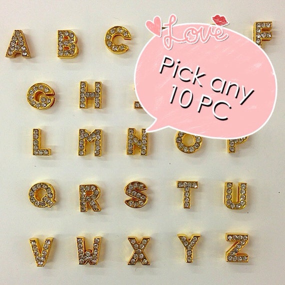 Choose Any 10/20/50/100 Gold Rhinestone Slide Letters Alphabet English  Letters or Pick Your Own Letter Charms 8mm 