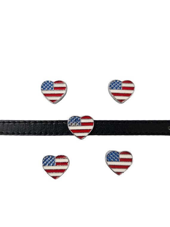 Set of 10pc New American Flag heart Slide Charm fits 8mm Wristband for Jewelry / Crafting
