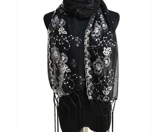 Black Silver Sequin Wedding Scarf Shawl / Mother's Day Gift / church veils / Sequin Glitter Beaded Shawl Scarf Wrap Veil Formal