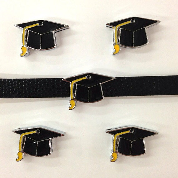 Set of 50 pc graduation black cap slide charm fits 8mm wristband for jewelry /crafting